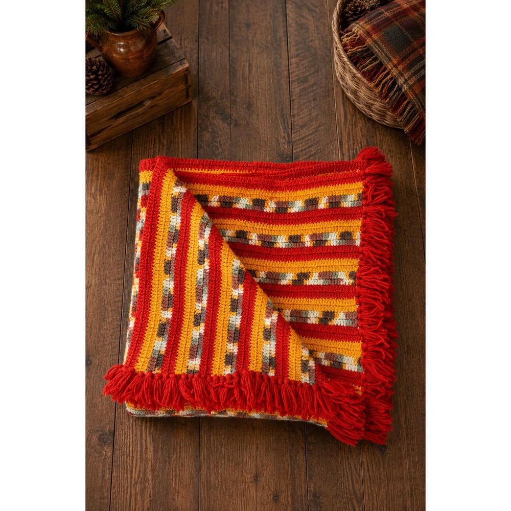 Vintage Handmade Crochet Afghan Throw 47x74 Rustic Orange Gold Fringe Boho 70s
